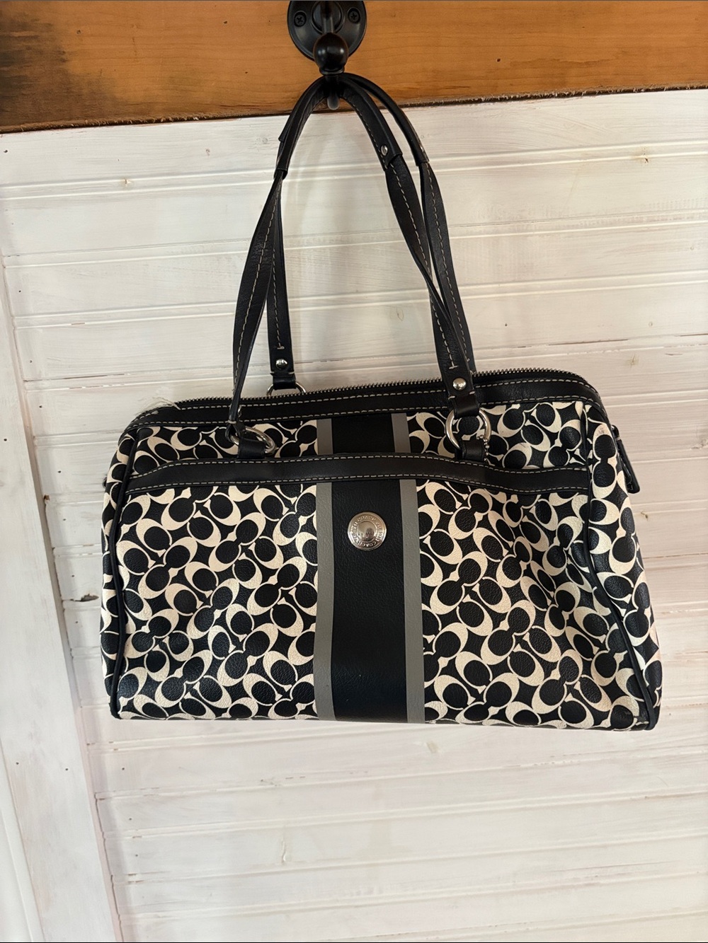 Coach Black and Cream Signature Stripe Satchel